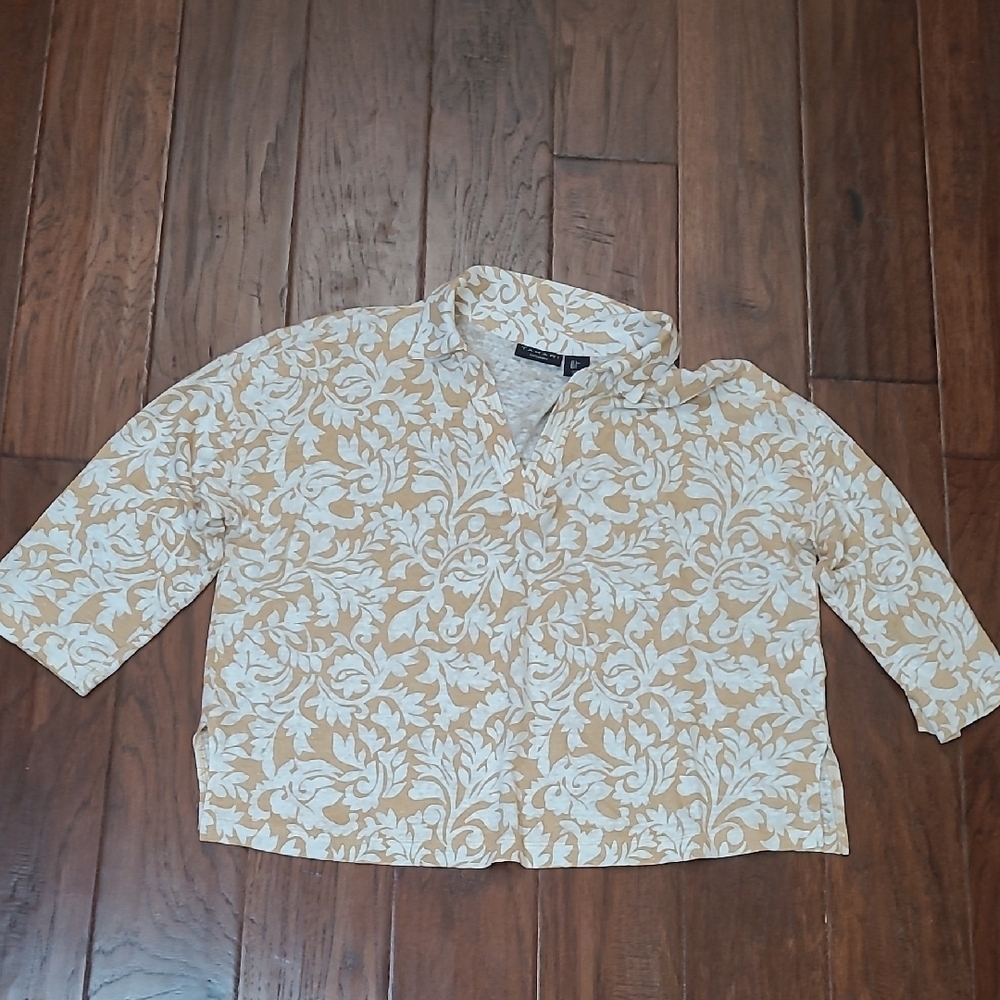 Tahari Mustard Gold & Cream 100% Linen 3/4 Sleeve Paisley Print Blouse size L